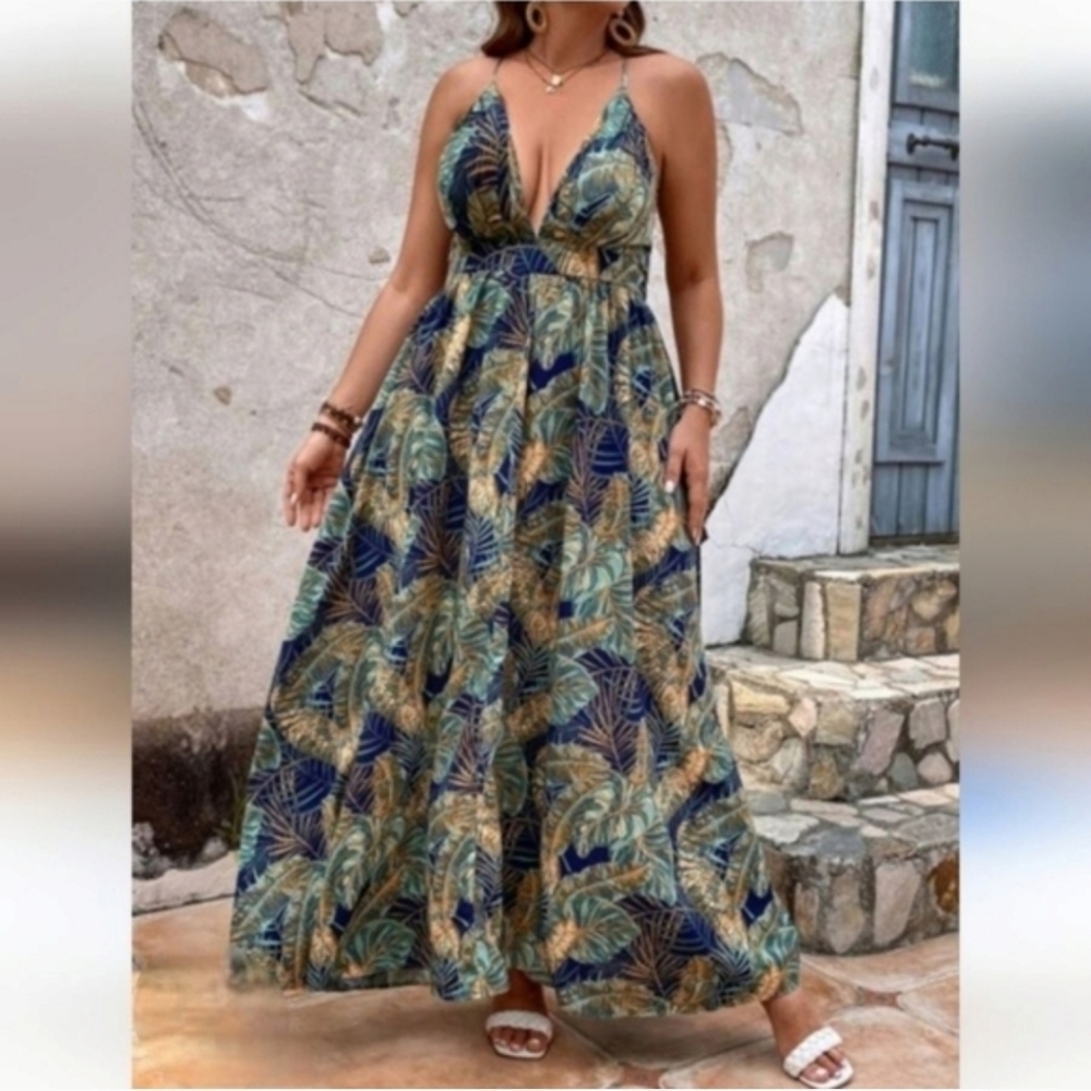 SHEIN Blue and Green Plunge Neck Sleeveless Maxi Sundress Size 1XL - Picture 13 of 15